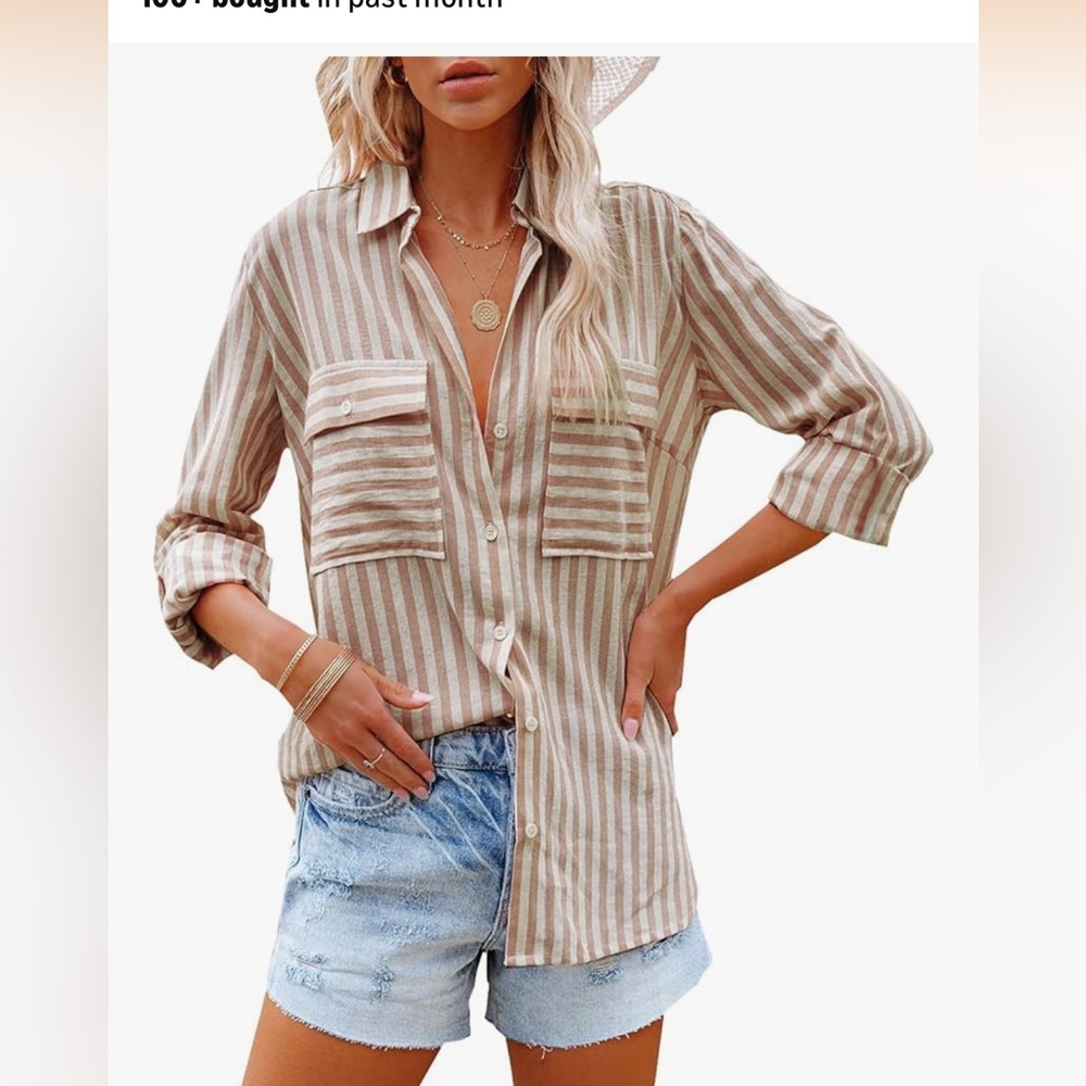 Striped Button-Up Blouse - Tan and White